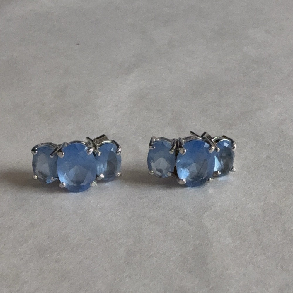 Sterling Silver Blue Stone Huggie Earrings 925 Oval Triple Hoop Stud Post Womens